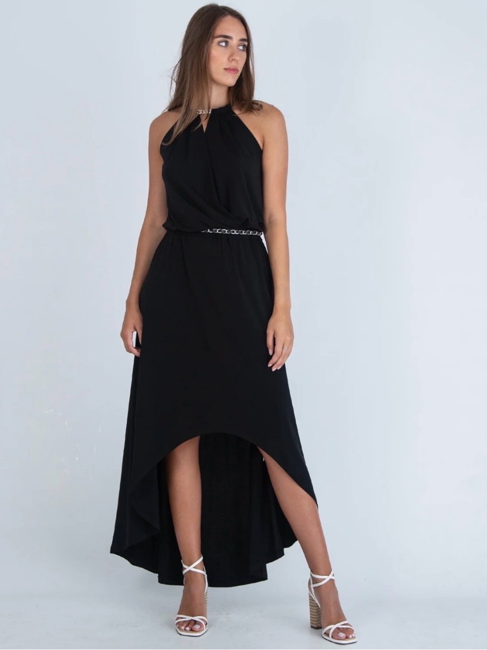 MICHAEL Michael Kors Black Chain Halter High-Low Maxi Dress Belt Size Medium